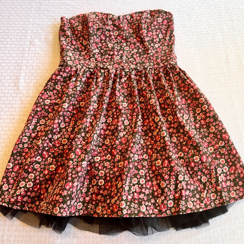 Sound & Matter Floral Strapless Mini Dress Tulle Hem Pink‎ Red Cottagecore Large